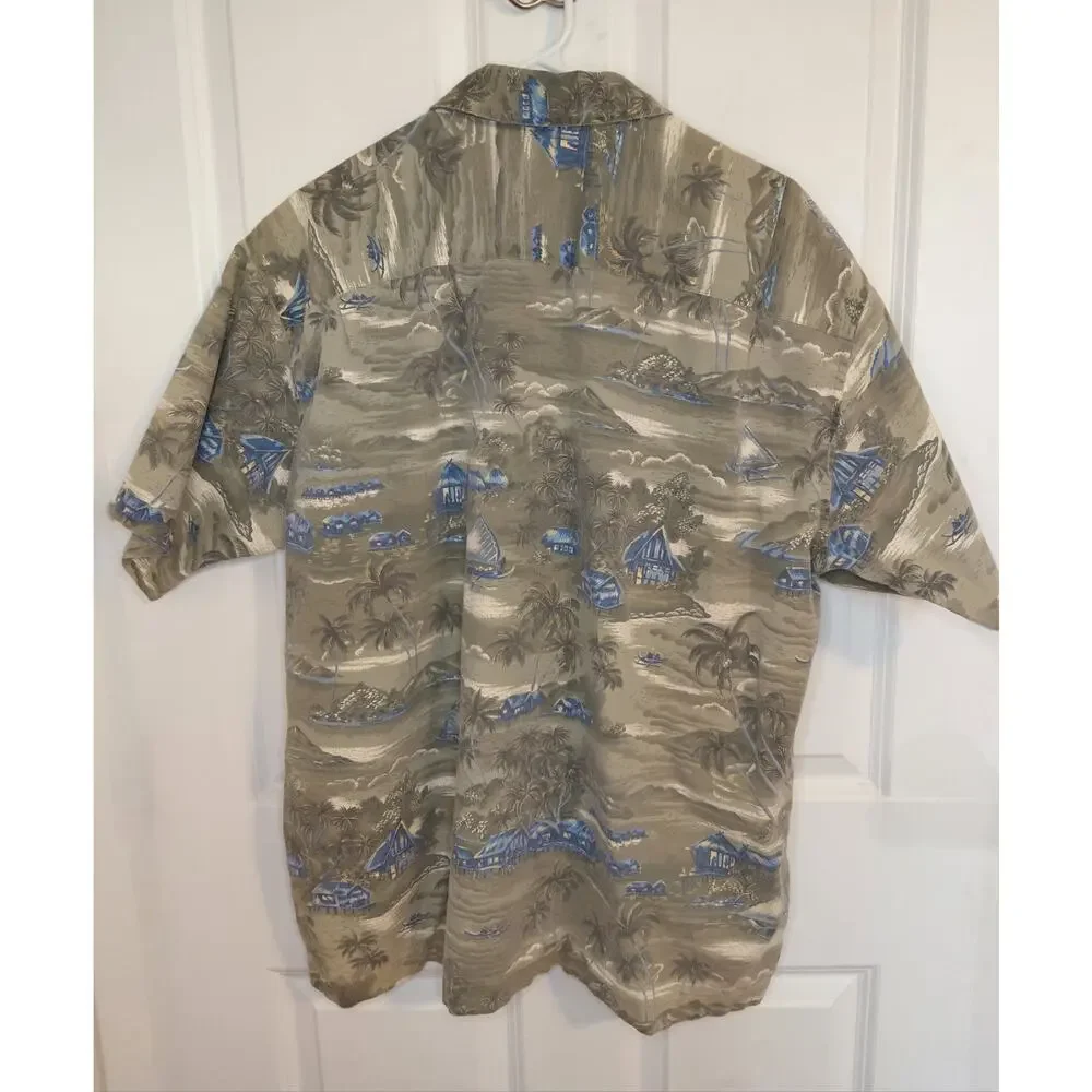 J.Crew Mens Large Hawaiian Camp Shirt Green Tropical Palm Trees Cotton Vintage